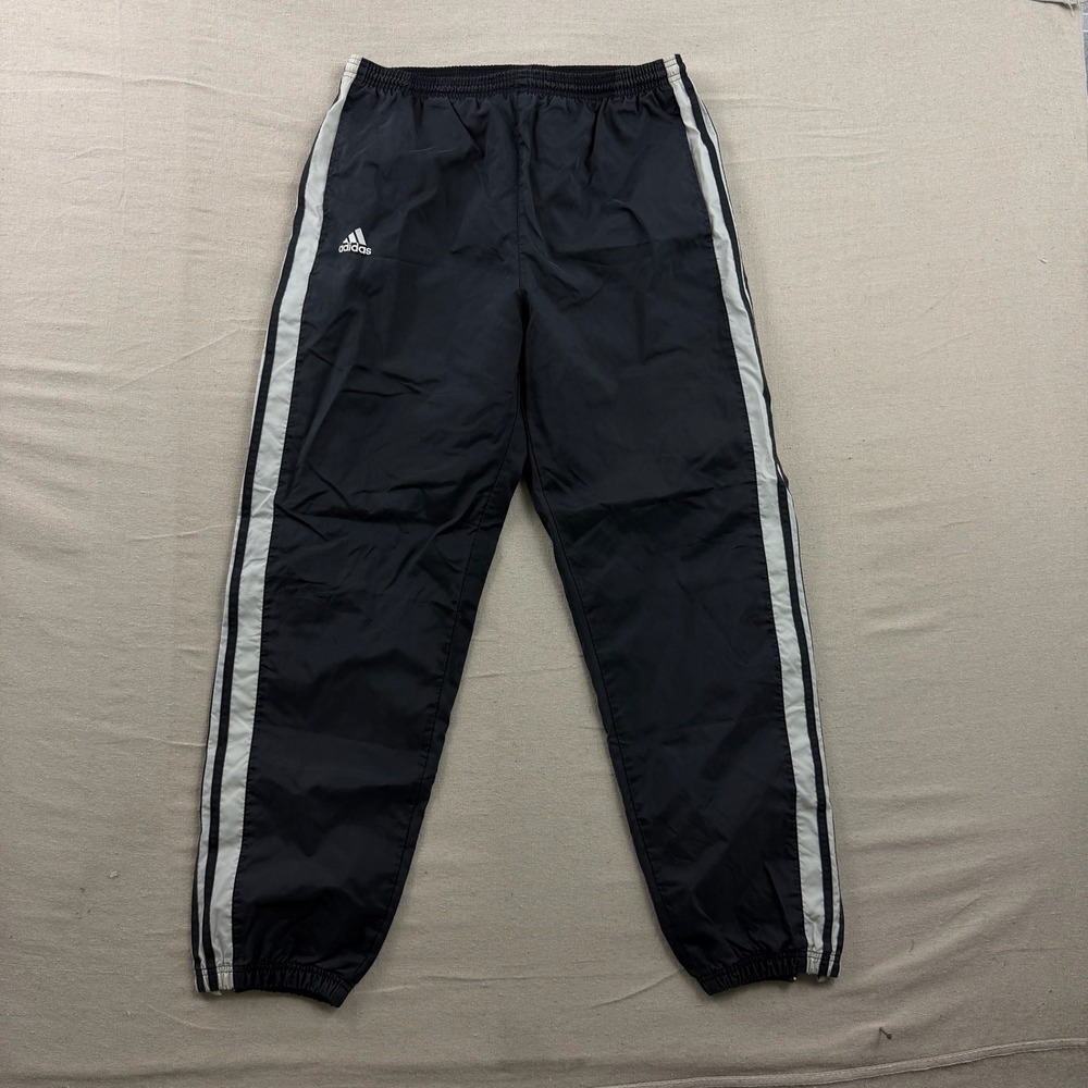 Adidas Track Pants Mens L Black White Striped Nylon Windbreaker Lined Joggers